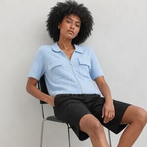 ALIGNE Erika Brushed Wool Knitted Shirt Womens L Blue Short Sleeve Full Zip